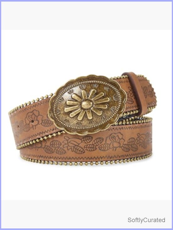 Western PU Leather Belt with Floral Emboss & Vintage Buckle for Jeans main image 6